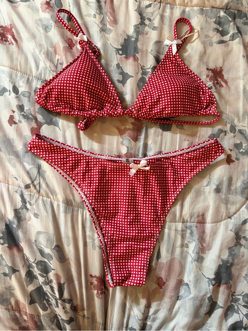 Red Gingham Triangle Bikini Set with Bow Accents